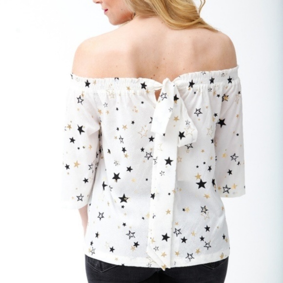 Gold Metallic Star Print White Off Shoulder Top - Picture 2 of 8